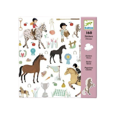 Pacote de autocolantes com desenhos de cavalos e jockeys, com fundo branco e moldura rosa com texto.