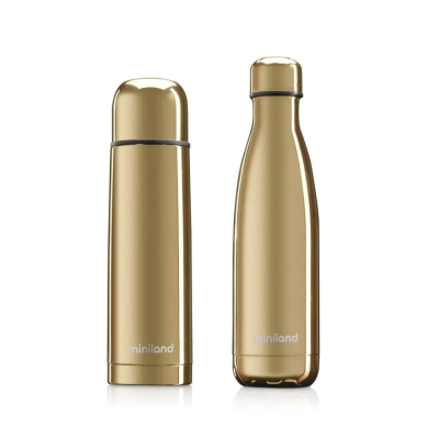 Dois recipientes térmicos dourados metálicos com a marca miniland