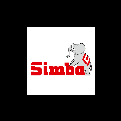 Logótipo da marca Simba com elefante e letras vermelhas