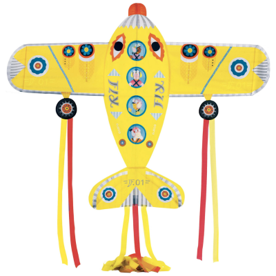 Pião voador amarelo em forma de avião com fitas coloridas