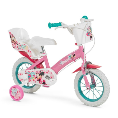 Bicicleta infantil rosa com decoração da Minnie e roda de treino