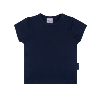 T-shirt infantil azul escuro de manga curta com botões no ombro