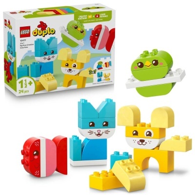 Jogo LEGO Duplo com peças para montar animais em várias cores e embalagem com texto LEGO duplo