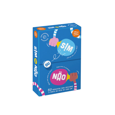 Caixa azul do jogo SIM ou NÃO com balões rosa e azul e texto em branco e amarelo