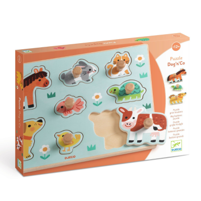 Puzzle de encaixe infantil com peças de madeira coloridas de animais e botões para crianças a partir de 12 meses
