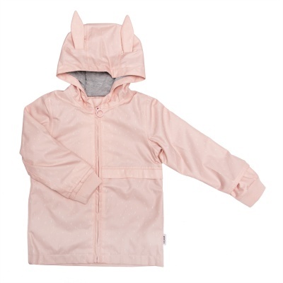 Casaco infantil rosa com capuz com orelhas de coelho e padrão de bolinhas