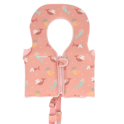 Colete salva-vidas infantil cor-de-rosa com padrão de gatos sereia