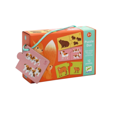 Caixa de puzzle Duo para crianças com ilustrações de animais e etiqueta rosa pendurada