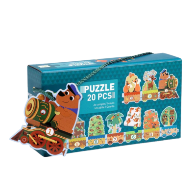 Caixa de puzzle de 20 peças com ilustração de comboio e animais em cores vibrantes