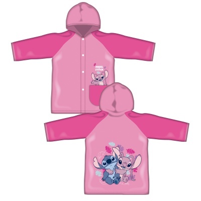 Casaco impermeável rosa com estampas dos personagens Stitch e Angel e capuz