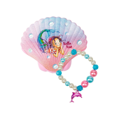 Pulseira colorida com pendente de golfinho e estojo de concha com ilustração de sereia