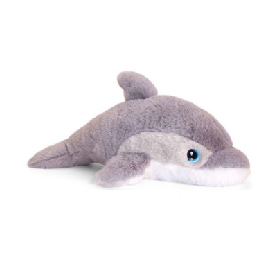 Pelúcia de golfinho cinzenta e branca com olhos azuis