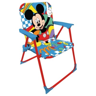 Cadeira infantil dobrável colorida com estampa do Mickey Mouse.