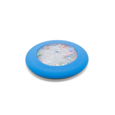 Brinquedo frisbee para cães azul com centro transparente cheio de bolas coloridas