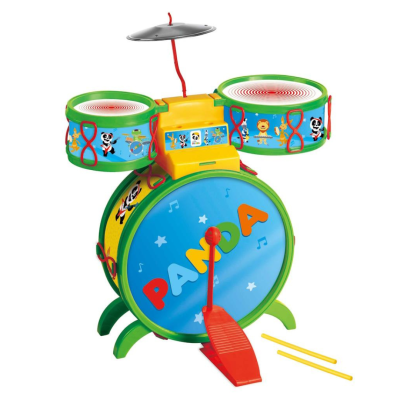 Brinquedo bateria infantil colorida com texto PANDA e figuras de animais.