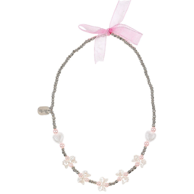 Colar com contas rosa e flores de pérolas com fita rosa