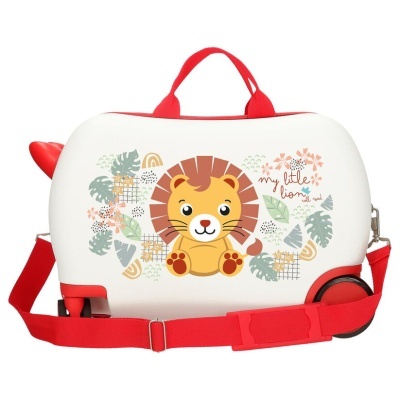 Mala infantil branca com desenho de leão e detalhes vermelhos