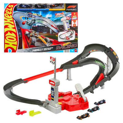 Conjunto pista corrida Hot Wheels Fórmula 1 com carros em miniatura e embalagem colorida