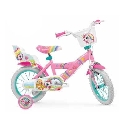 Bicicleta infantil rosa com decoração de unicórnios e arco-íris