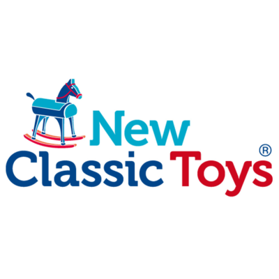 Logótipo New Classic Toys com cavalinho de baloiço azul e vermelho