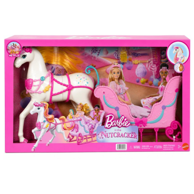 Conjunto Barbie in the Nutcracker com bonecas, cavalo branco e trenó cor-de-rosa