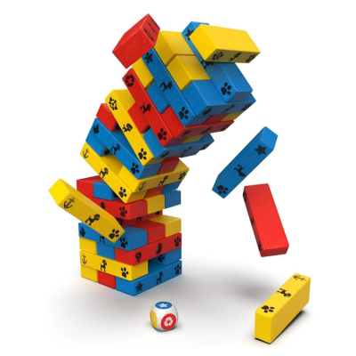 Jogo de blocos de madeira coloridos com símbolos, peças a cair e dado colorido