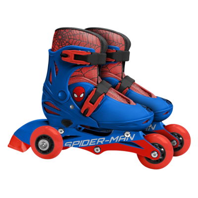 Patins para criança azuis e vermelhos com tema Spider-Man e rodas vermelhas.