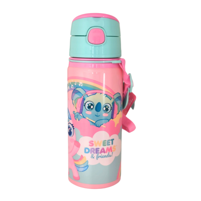Garrafa térmica infantil rosa e azul com personagem animado e texto 'SWEET DREAMS & friends!'