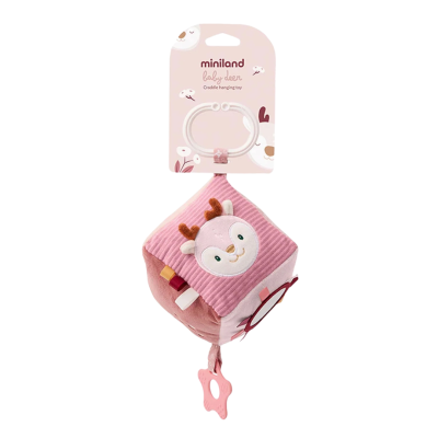 Brinquedo pendurado para berço Miniland Baby Deer rosa com cara de veado e mordedor em estrela