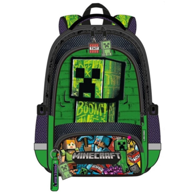 Mochila Minecraft verde e preta com personagem creeper e bolso frontal colorido com logo Minecraft.