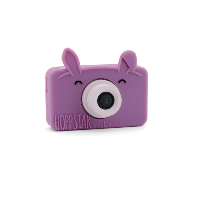 Câmara fotográfica infantil roxa com orelhas de silicone e olhos desenhados
