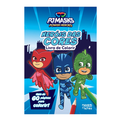 Capa do livro de colorir PJ Masks com personagens e lápis de cor