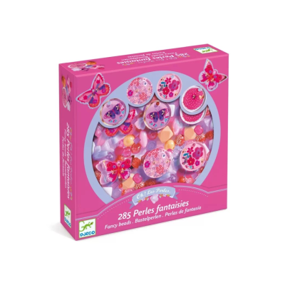 Conjunto de pérolas fantasia coloridas em embalagem rosa com flores e borboletas