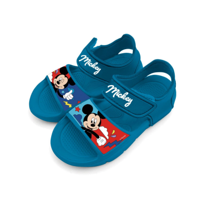 Sandálias azuis para criança com imagens do Mickey Mouse e texto 'Mickey'.
