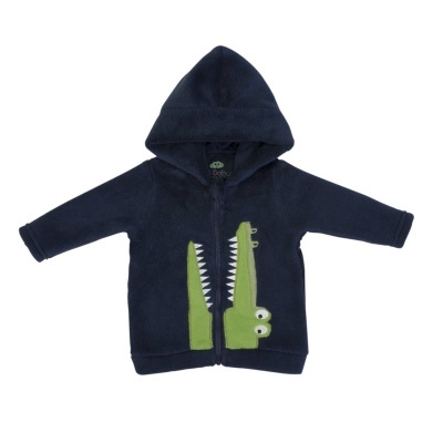 Casaco de criança azul com capuz e aplicação de crocodilo verde