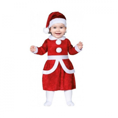 Criança com fato de Natal vermelho e branco, chapéu de Pai Natal e meias brancas em fundo branco