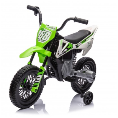 Mini moto de brinquedo verde, preta e branca com rodas e número 68.