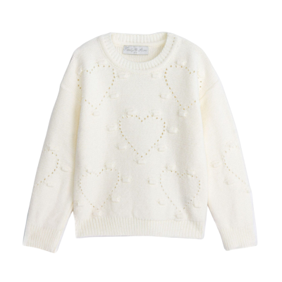 Camisola branca de malha com corações em relevo e pequenos pompons