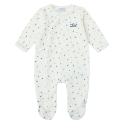 Pijama branco de bebé com padrão de dente-de-leão azuis e texto make a WISH