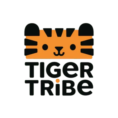 Logótipo com cabeça de tigre laranja e texto Tiger Tribe preto