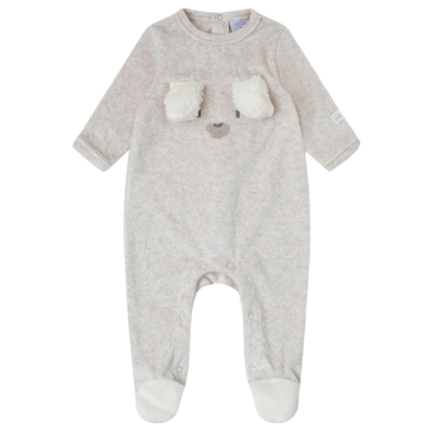 Macacão cinzento claro para bebé com pés brancos e detalhes de orelhas e rosto de animal