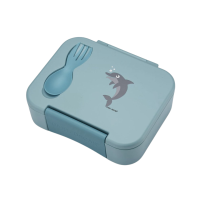 Marmita azul com ilustração de golfinho e utensílio integrado