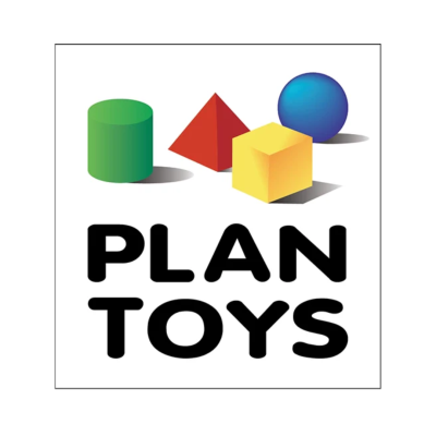 Logótipo PLAN TOYS com formas geométricas coloridas