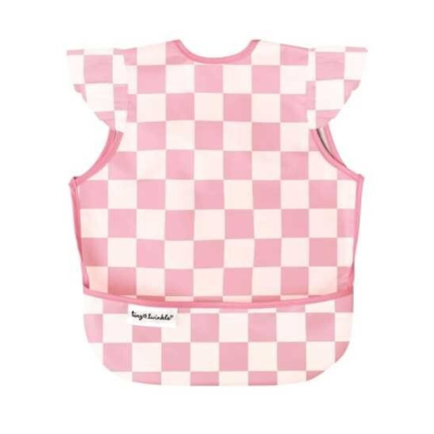 Babete impermeável rosa quadriculado com bolso frontal