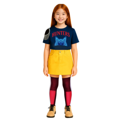 Rapariga vestida com t-shirt azul, saia amarela, meias coloridas e botas amarelas