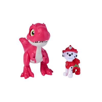 Brinquedos de dinossauro e cão bombeiro em plástico sobre fundo branco