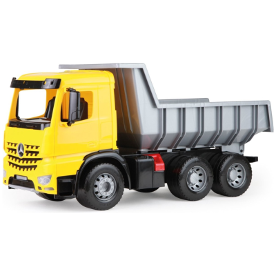 Camião de brinquedo amarelo com carrinha basculante cinzenta