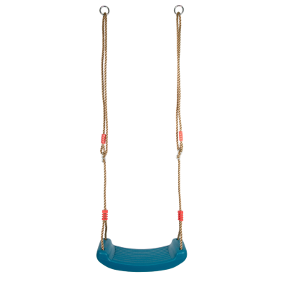 Baloiço infantil azul com cordas castanhas e detalhes vermelhos