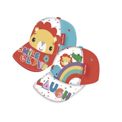 Duas viseiras infantis coloridas com personagens de animais e texto