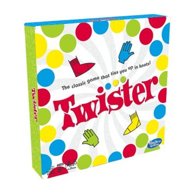 Caixa do jogo Twister colorida com bolas e texto em inglês.